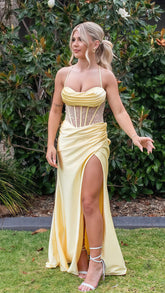 Pastel Yellow Sheath Prom Dress, Split Celebrity Dress,AST1685
